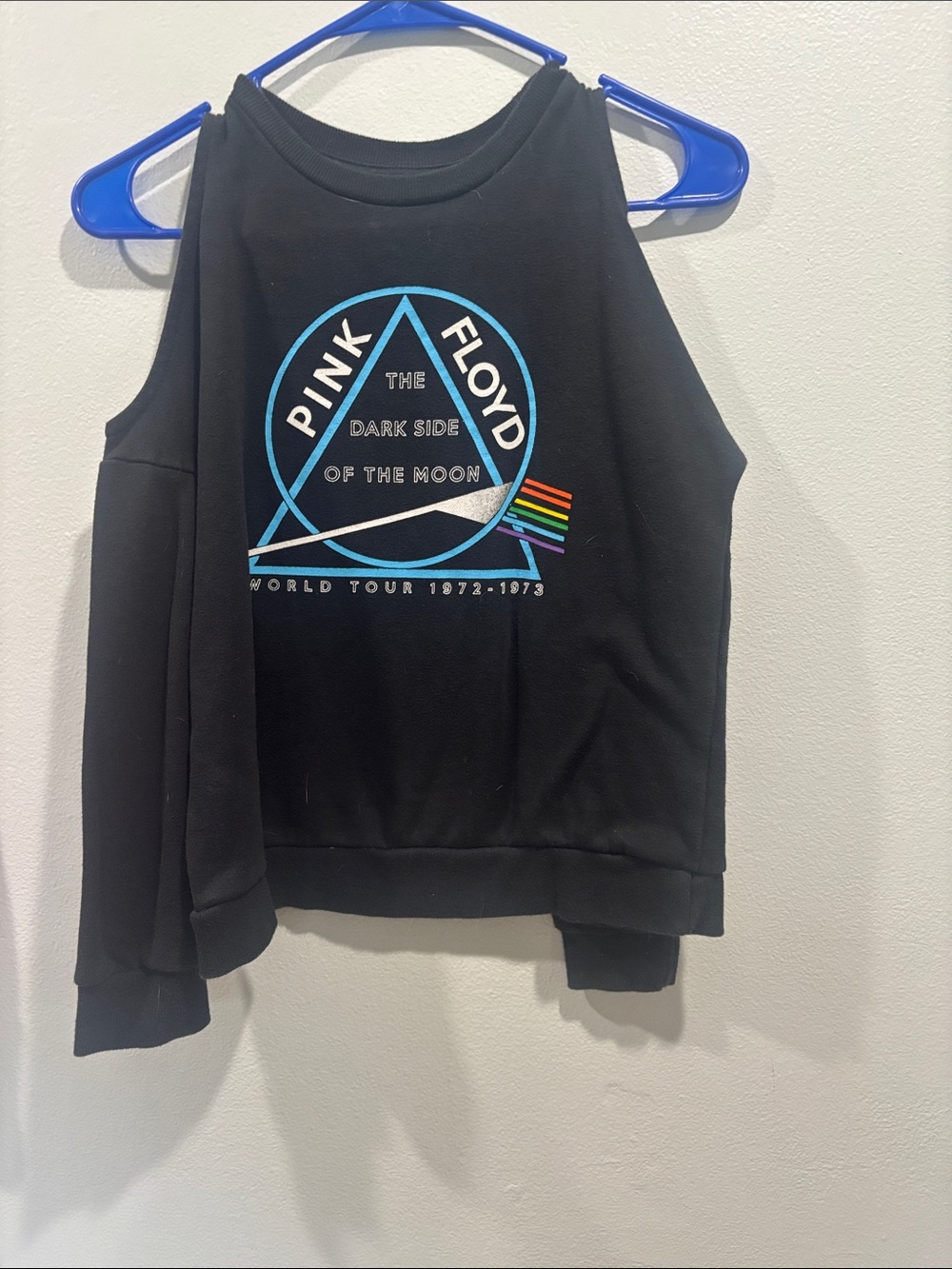 Pink Floyd Black Cold-Shoulder Sweatshirt with Blue & Rainbow Prism Graphic